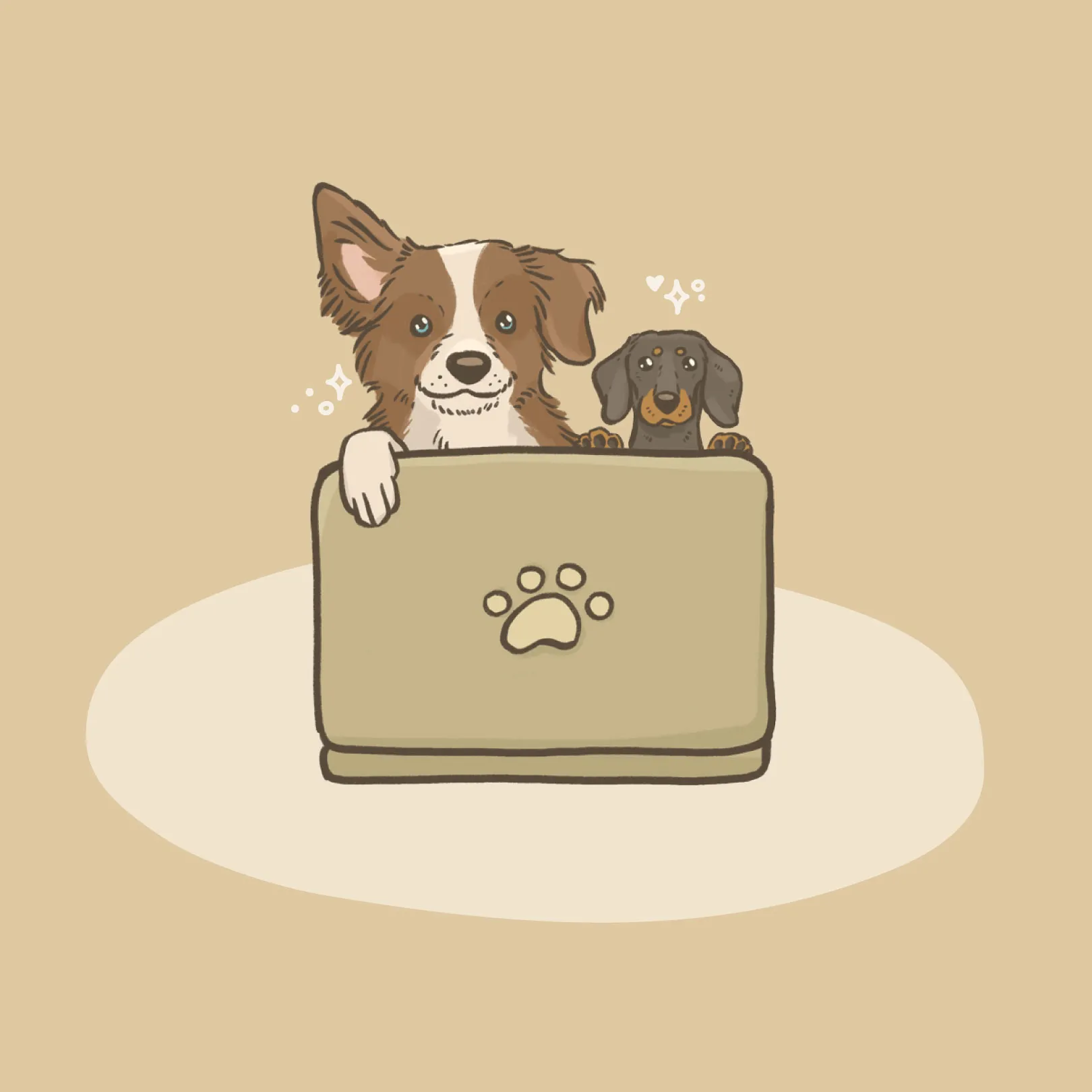 Illustration of two dogs peeking over a laptop with a paw print on it, on a beige background.