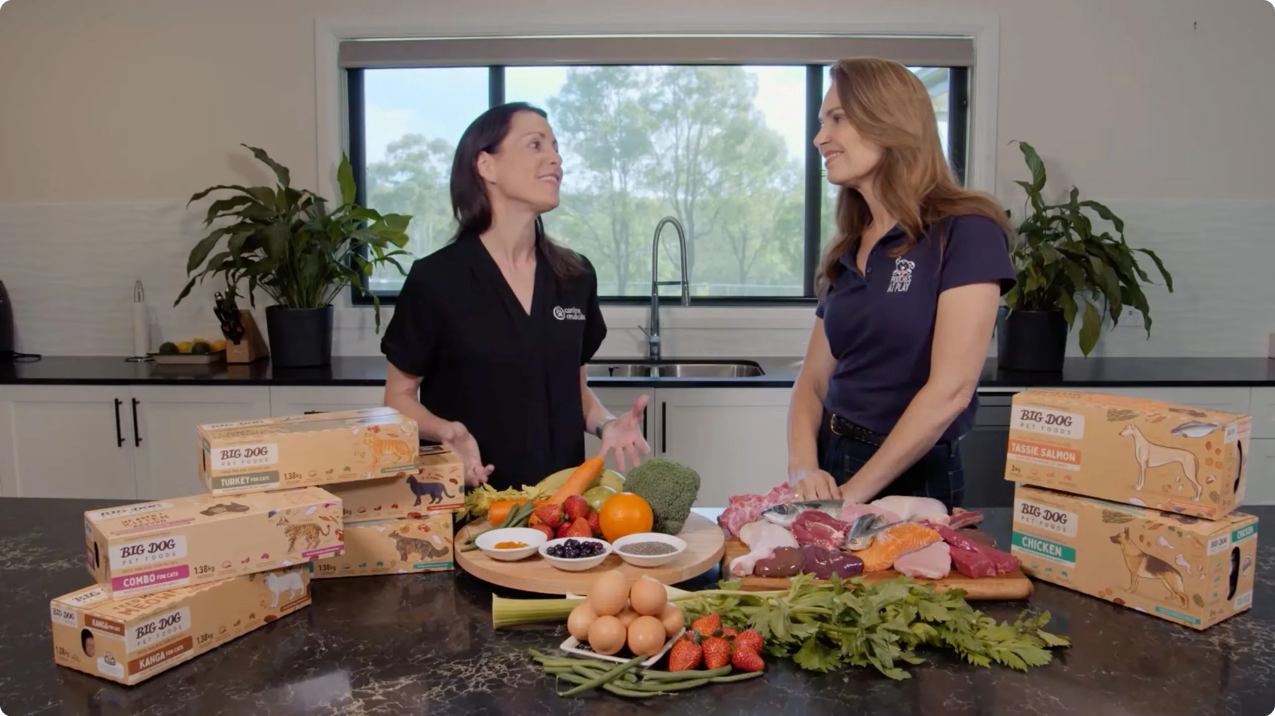 Two women standing in a kitchen discussing various fresh vegetables, fruits, raw meats, and packaged Big Dog pet foods displayed on a countertop.