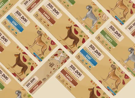 Pattern of Big Dog Single Protein pet food packaging featuring goat, kanga, and turkey flavors with illustrated dogs and ingredient icons.