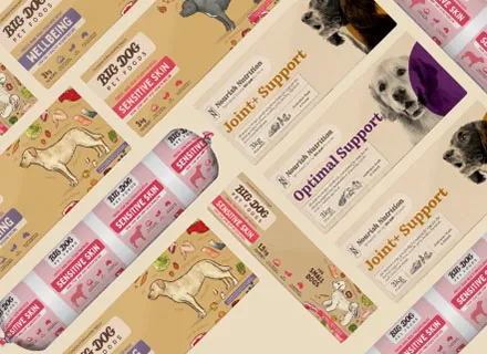 Packaging designs for Big Dog specialized diet range including Sensitive Skin, Wellbeing, Joint Support, and Optimal Support dog food products.