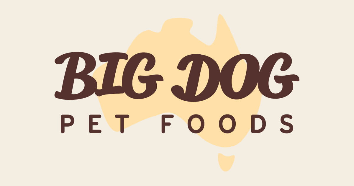 Big Dog Pet Foods logo with text over a light yellow silhouette of Australia.