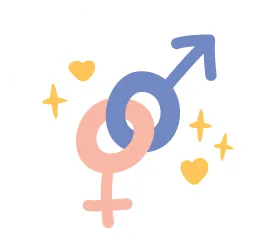 Icon of male and female symbols, joined for reproduction, surrounded by hearts and sparkles