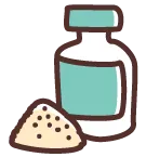 Bottle of probiotics with pile of powder beside icon