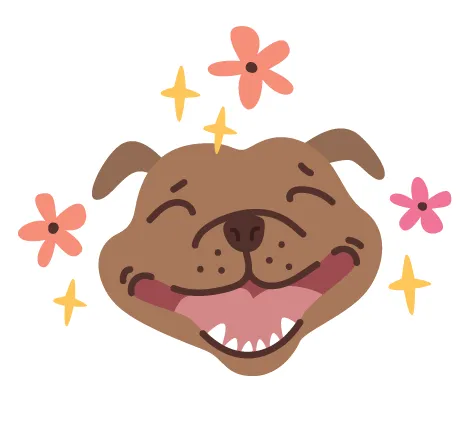Happy smiling dog surrounded by flowers and sparkles icon