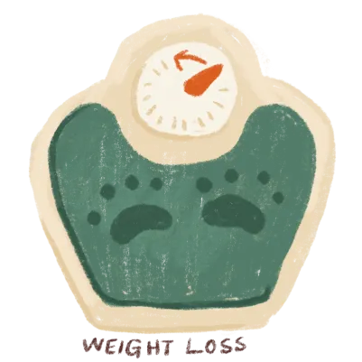 Illustration of weight scales with paw prints on the standing plate and an arrow pointing left indicating weight loss