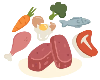 Illustrated icon of raw food patties surrounded by fresh ingredients including chicken leg, carrot, egg, broccoli, fish and red meat