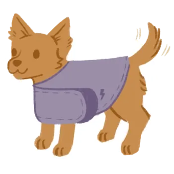 Illustration of a small brown dog wearing a purple thunder shirt
