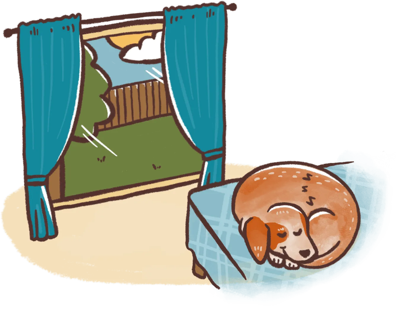 illustration of dog sleeping on human bed during day time