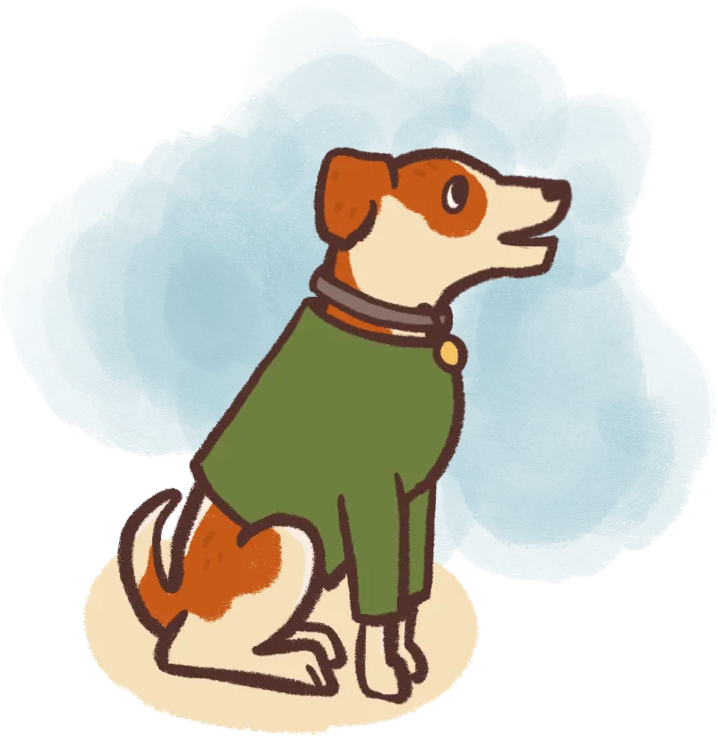 illustration of a dog with a collar wearing a thunder jacket surrounded by pheromone spray - creating a soothing environment