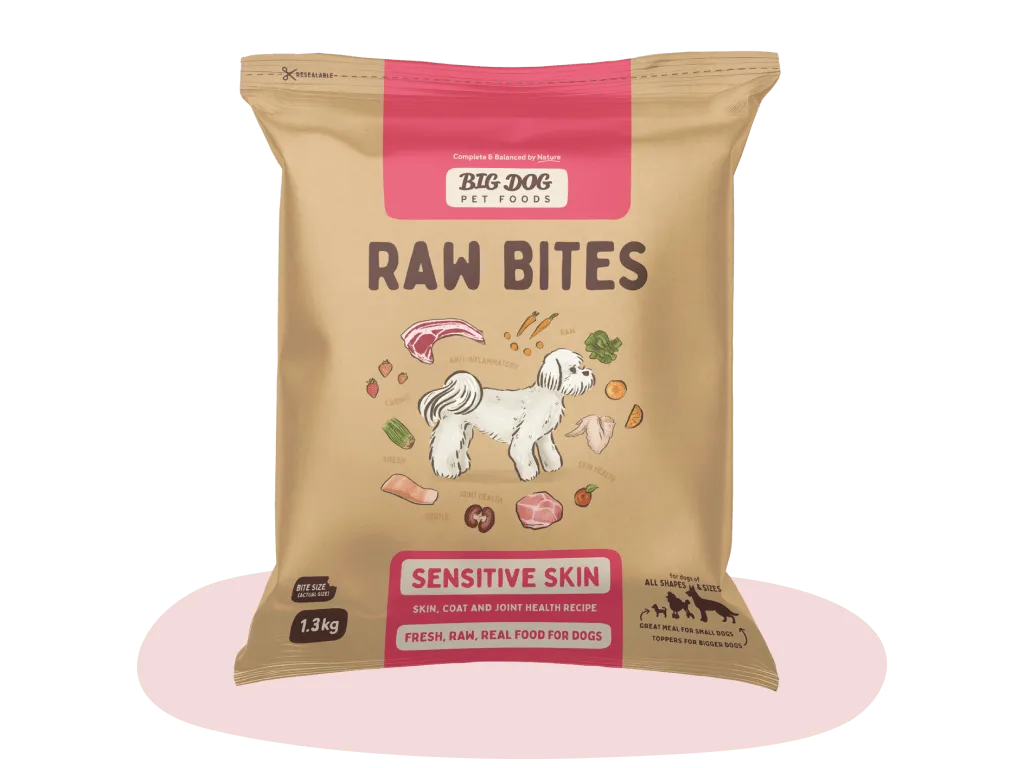 A bag of Big Dog Sensitive Skin Raw Bites.