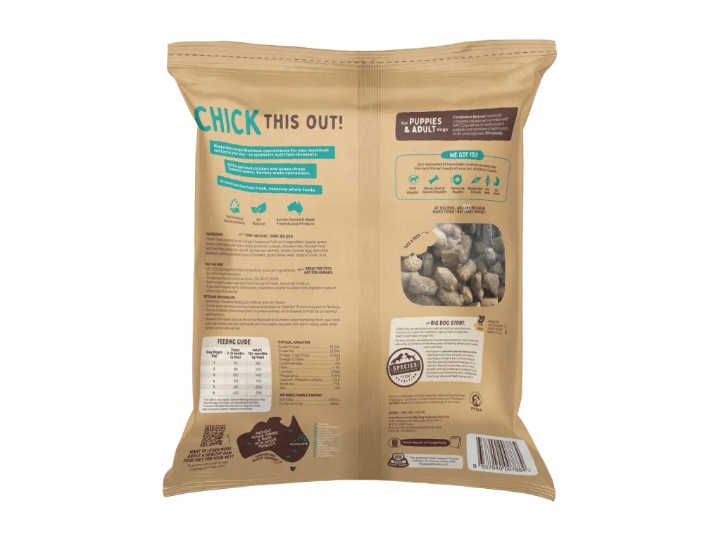 The back of a bag of Big Dog Chicken Raw bites.