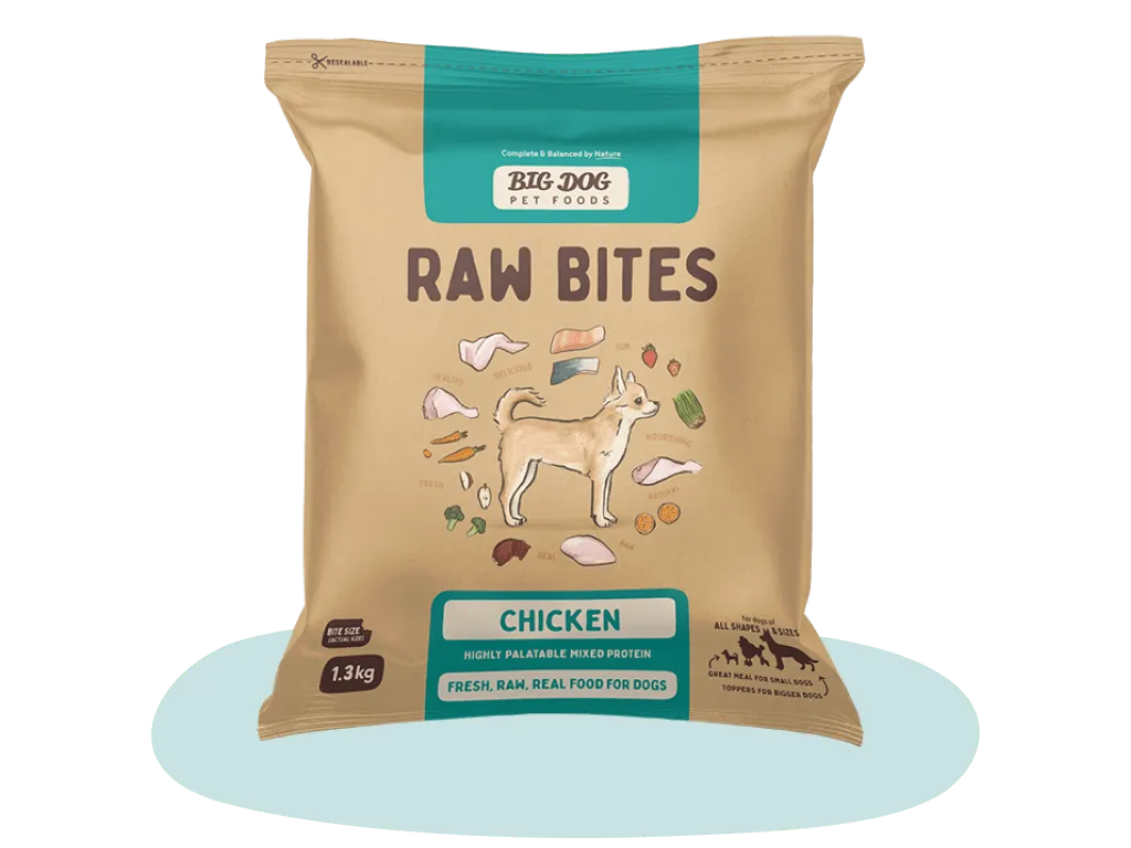 A bag of Big Dog Chicken Raw bites.