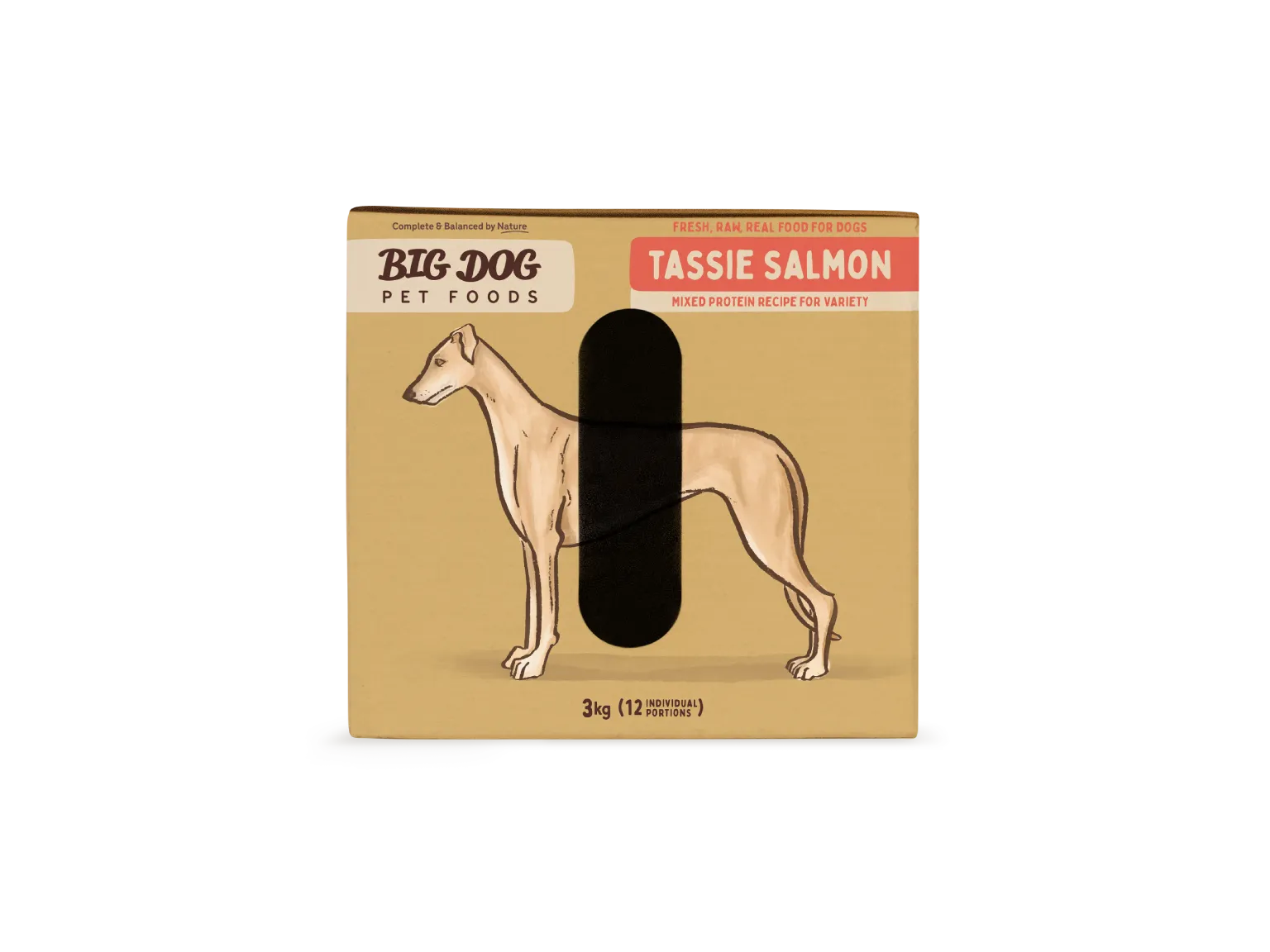 The side of a box of Tasmanian Salmon Raw Dog Food.