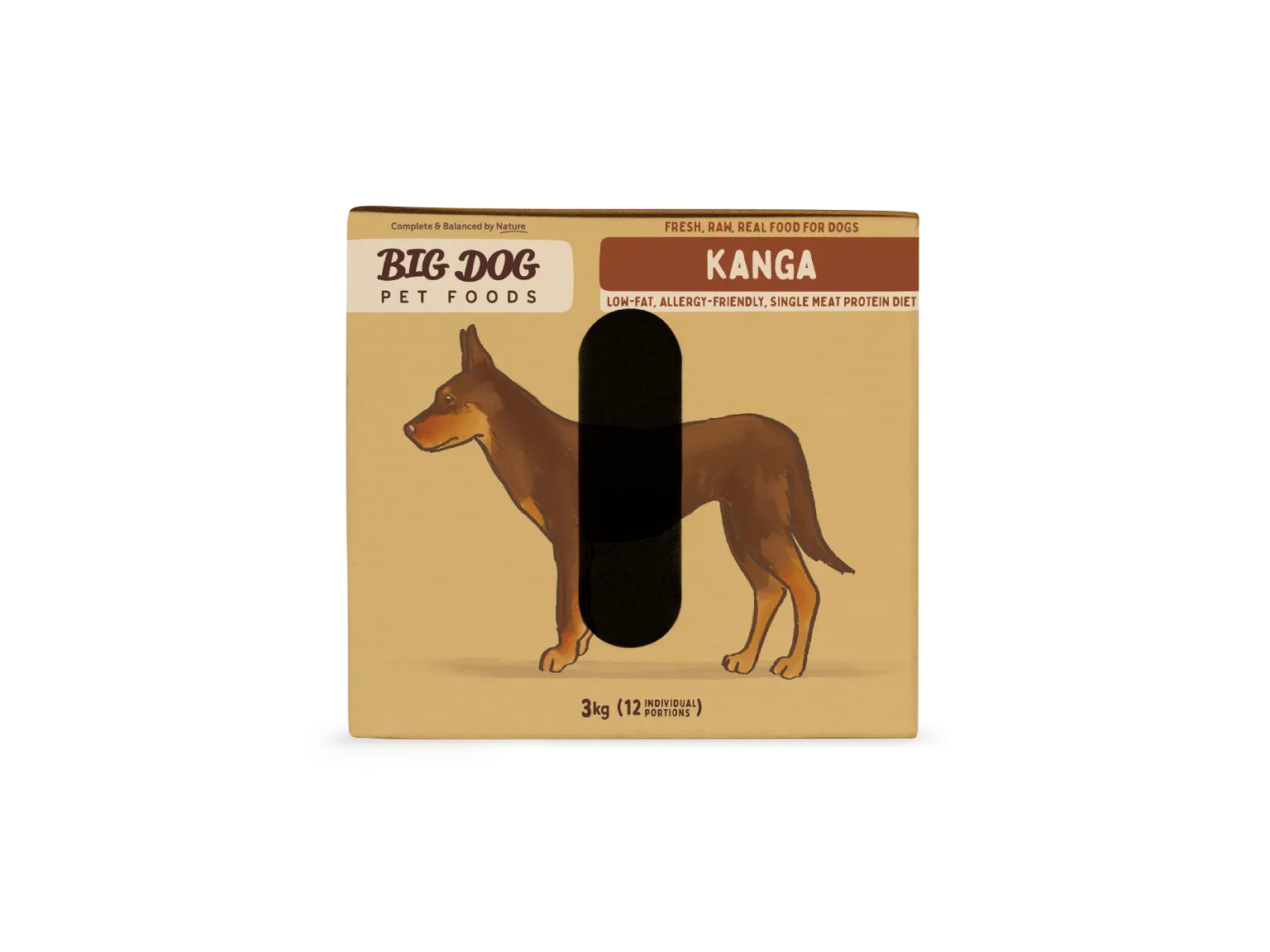 The side of a box of Kangaroo Low Allergy, Single Protein Raw Diet.
