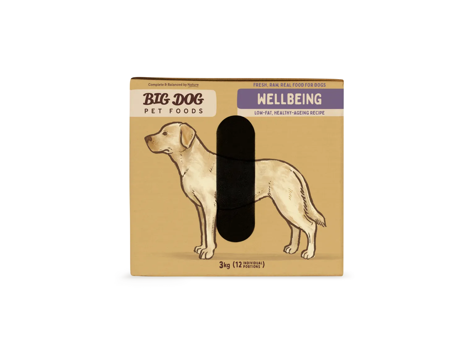 The side of a box of Big Dog Pet Foods Wellbeing Raw Diet.