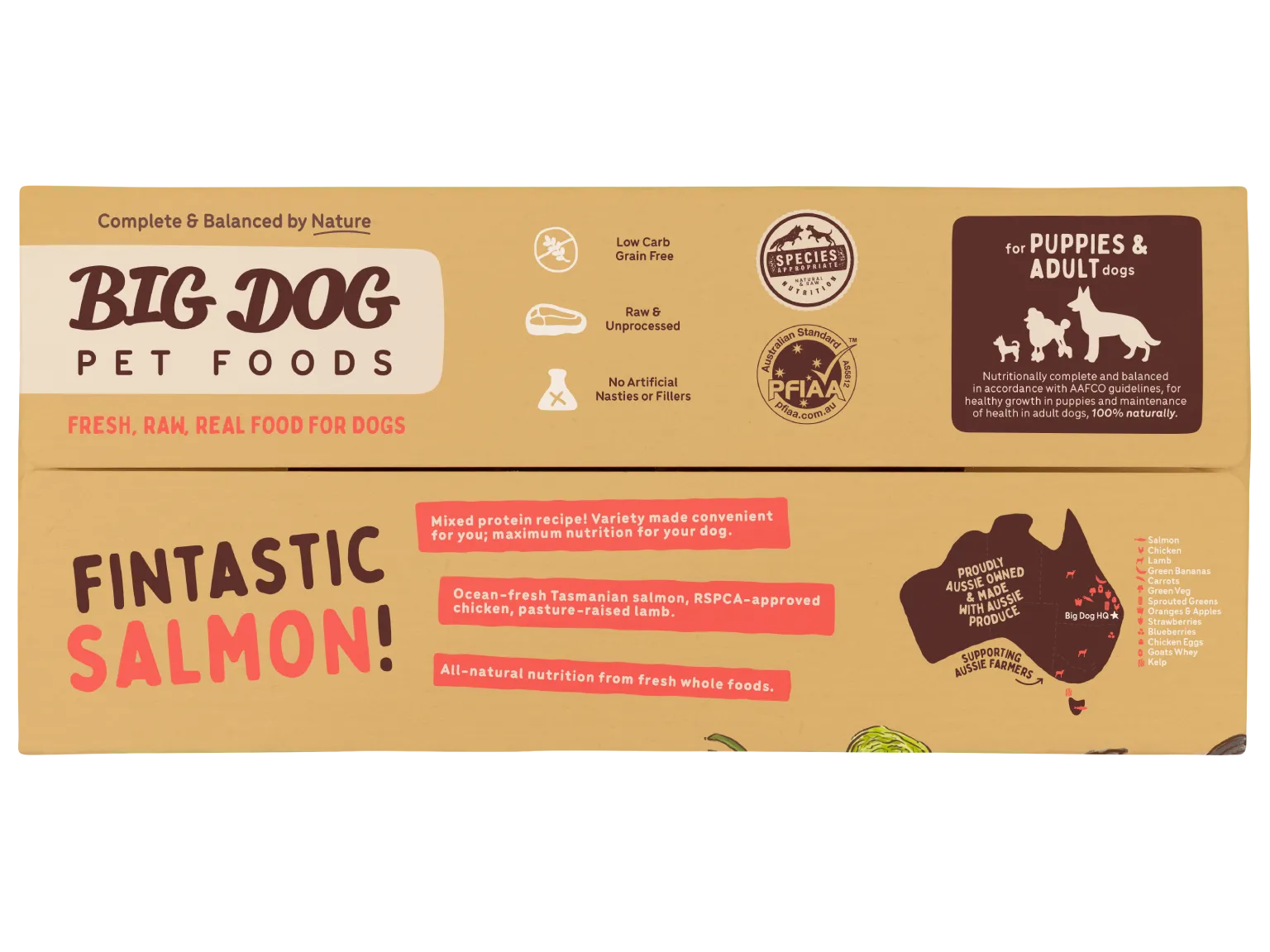 The top of a box of Tasmanian Salmon Raw Dog Food.