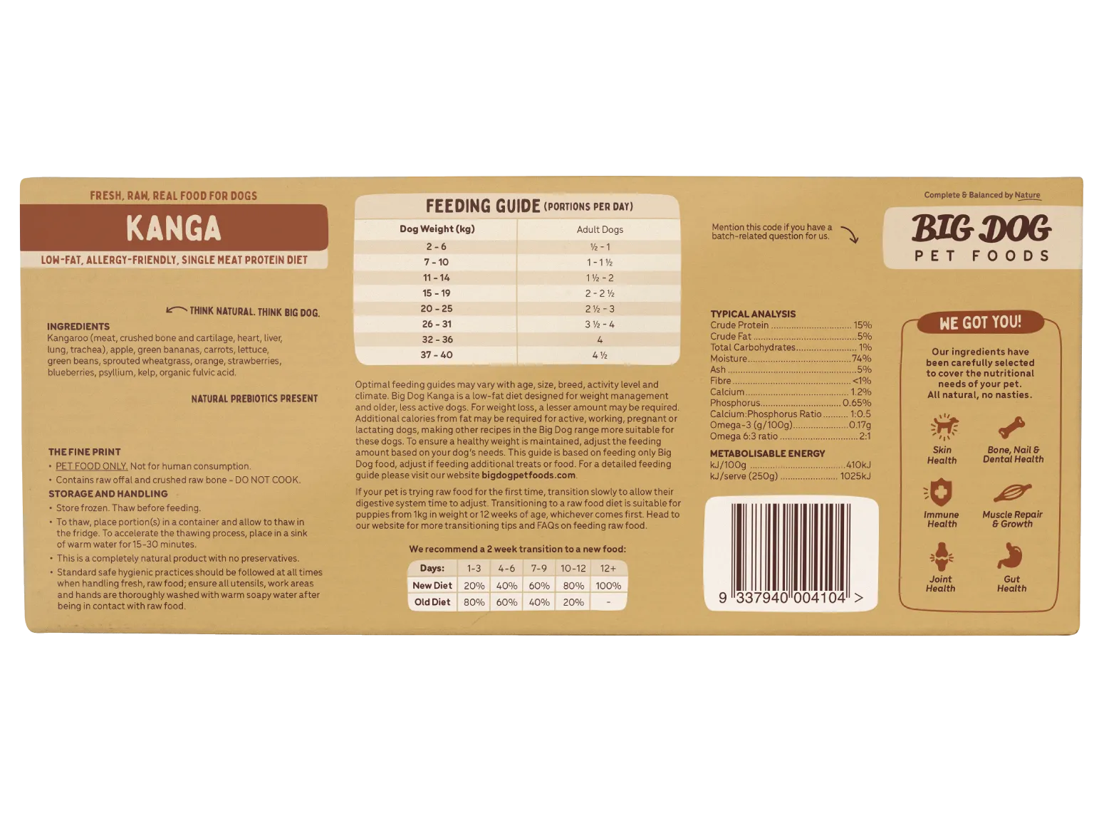 The back of a box of Kangaroo Low Allergy, Single Protein Raw Diet.