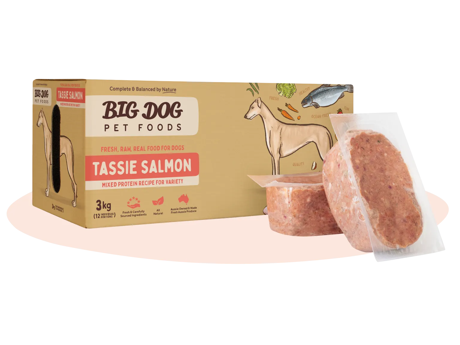 A box of Tasmanian Salmon Raw Dog Food and two patties out of the box.