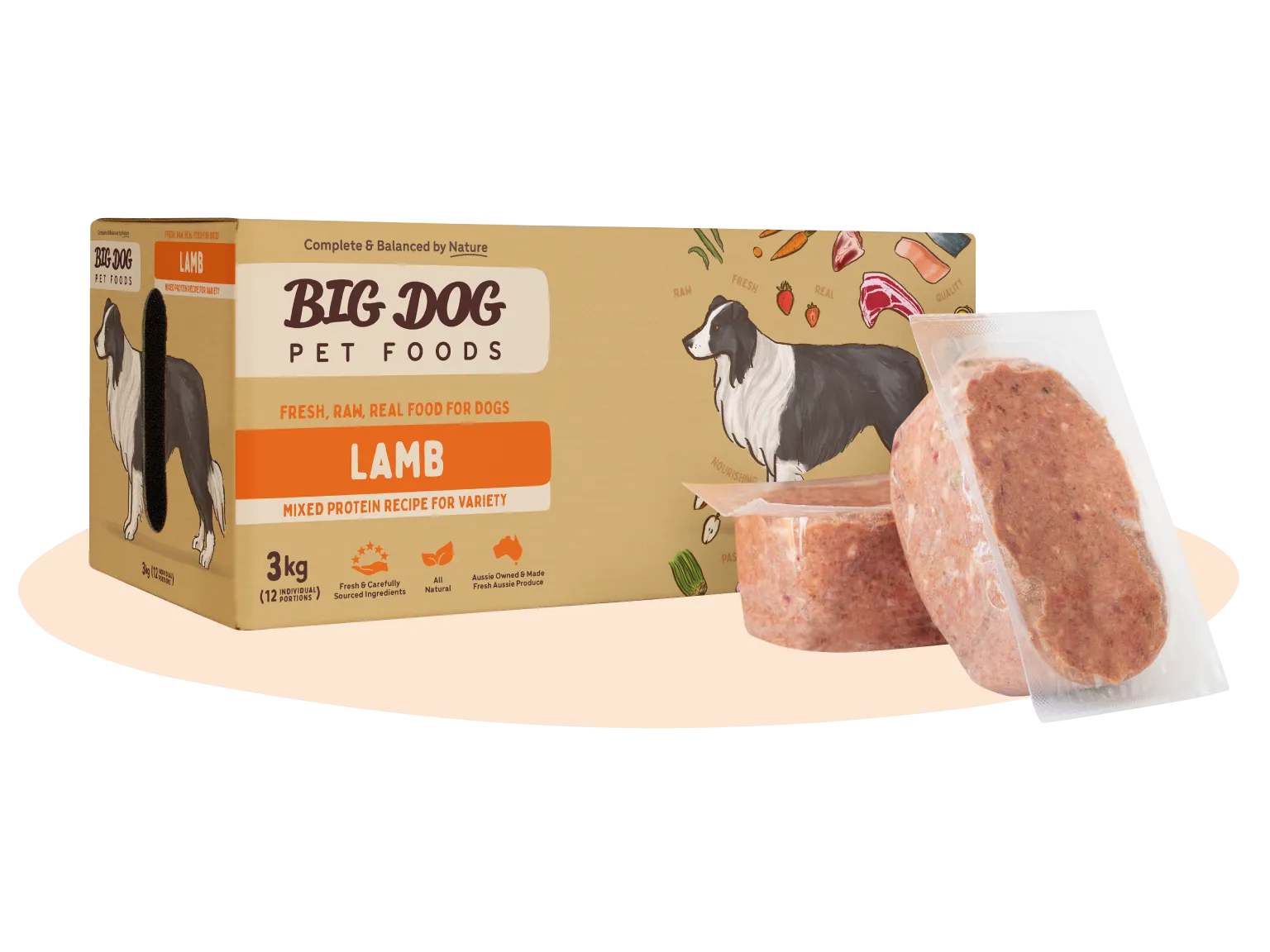A box of Lamb Raw Dog Food with two patties out of the box.