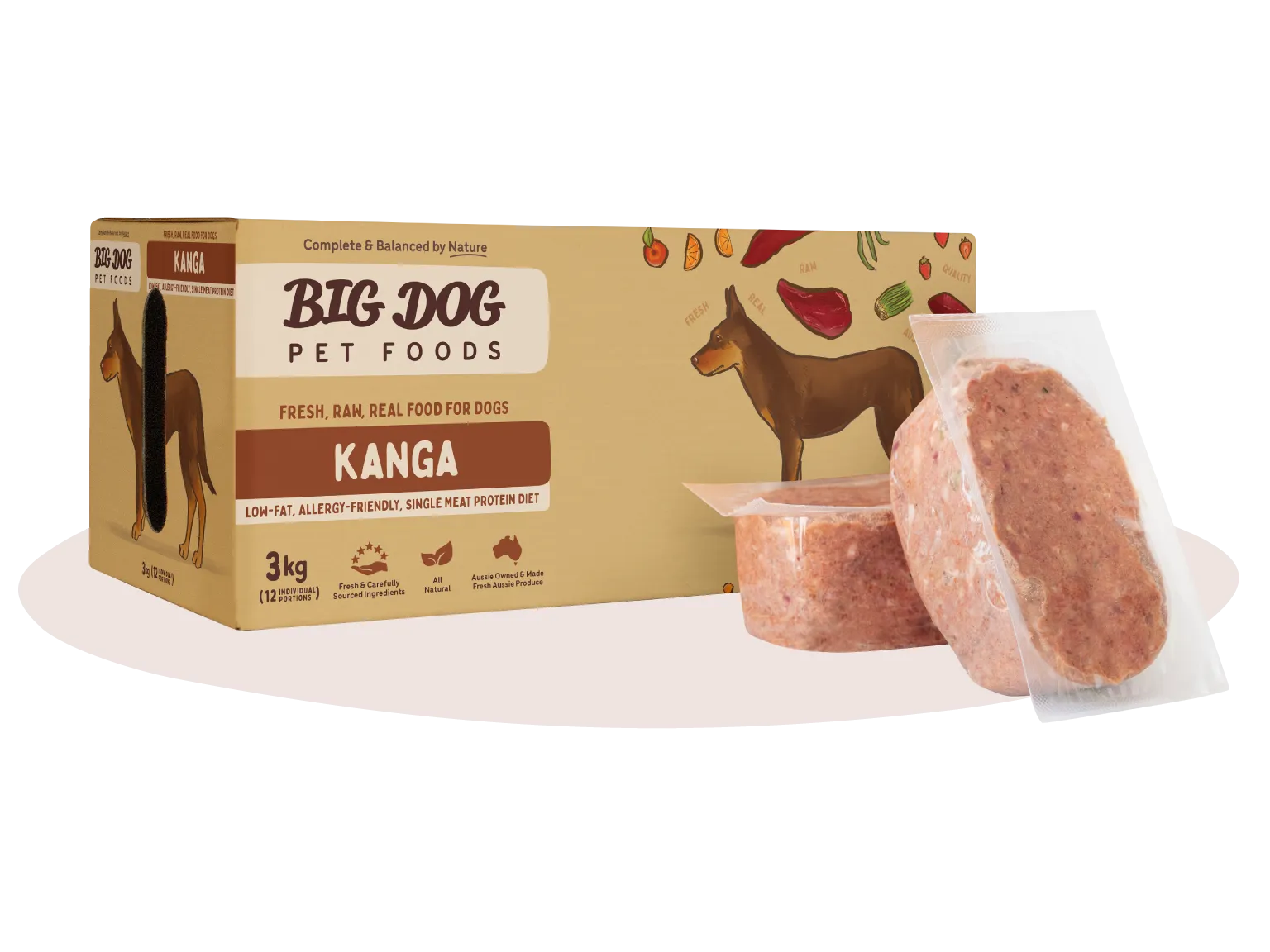 A box of Kangaroo Low Allergy, Single Protein Raw Diet with two patties out of the box.