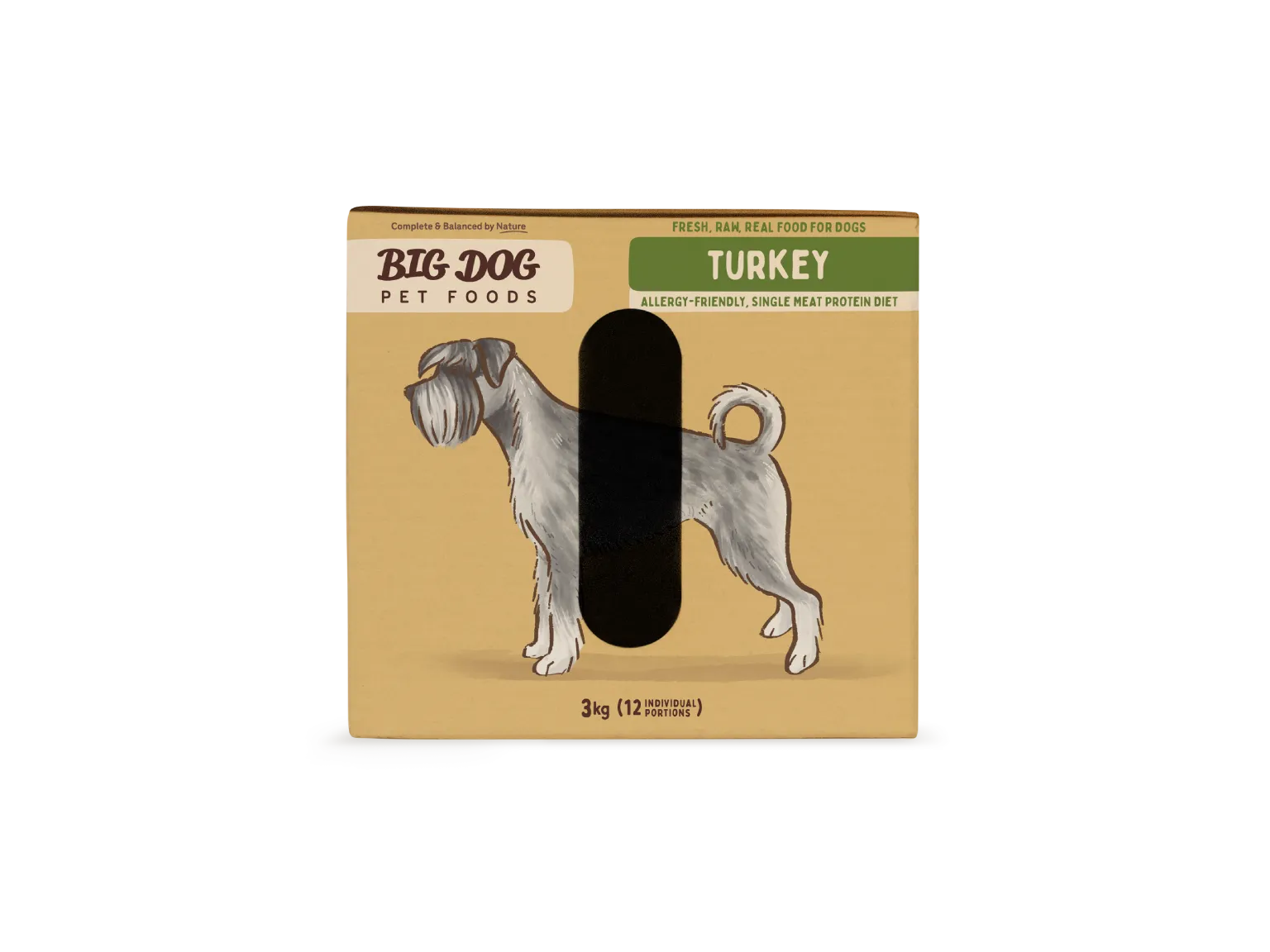 The side of a box of Big Dog Pet Foods Turkey Low Allergy, Single Protein Raw Diet.
