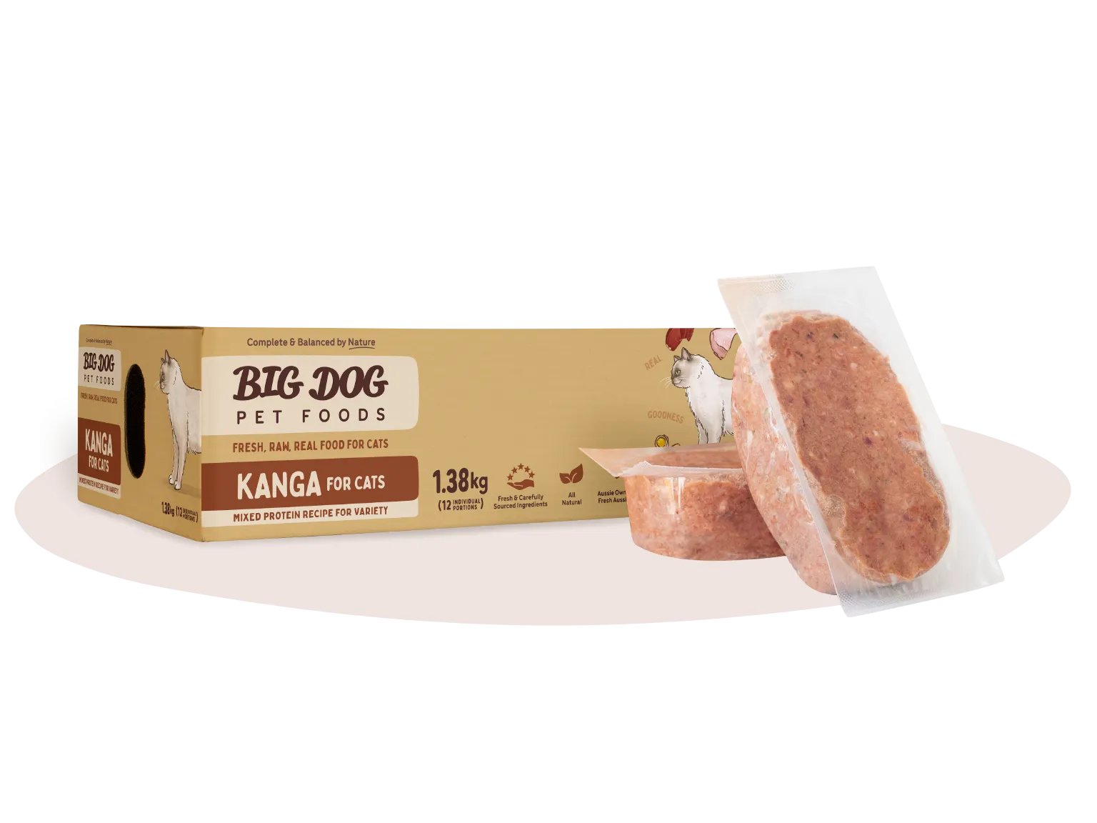 A box of Kangaroo Raw Cat Food with two patties out of the box.