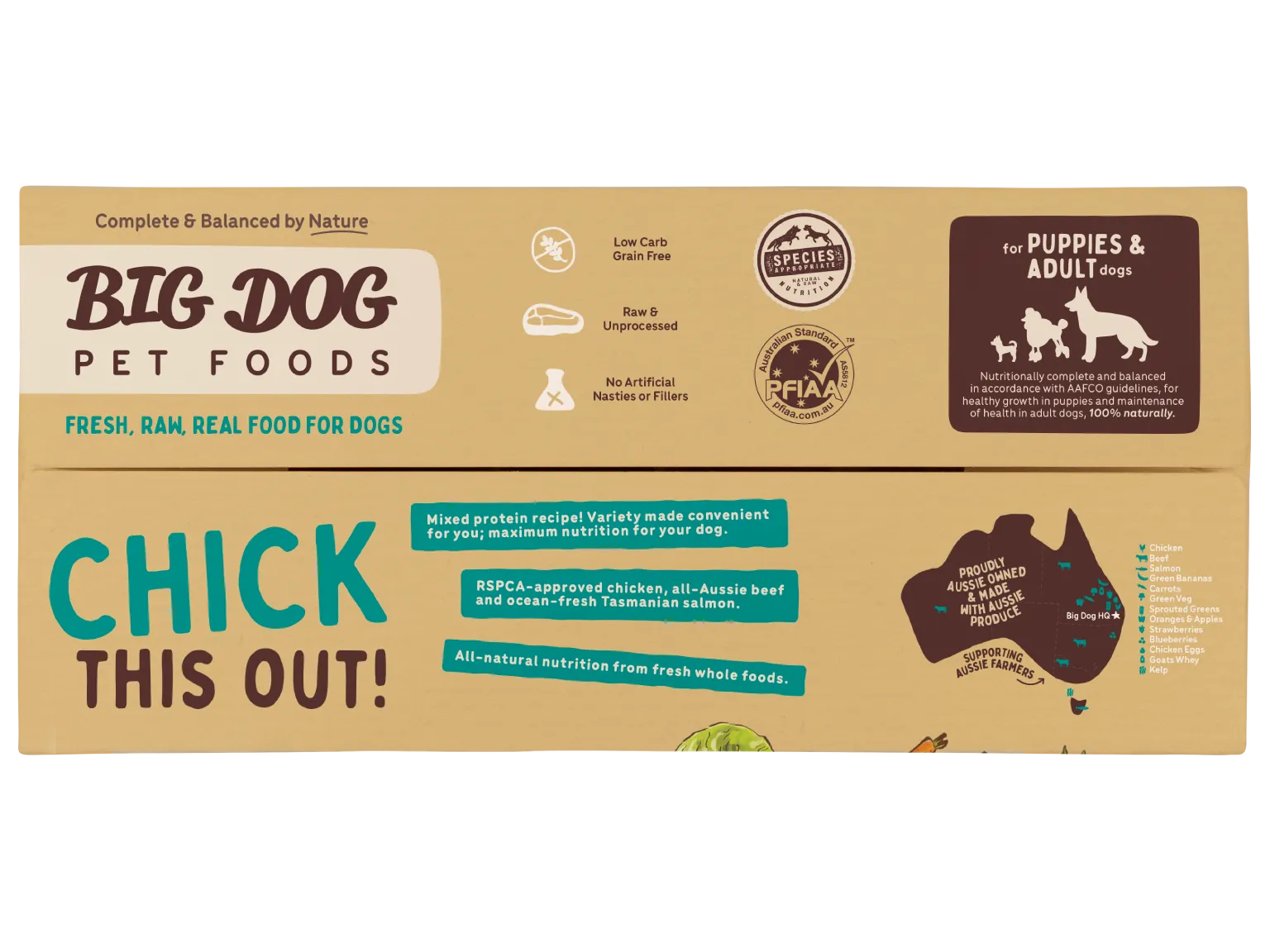 The top of a box of Big Dog Pet Foods Chicken Raw Dog Food.