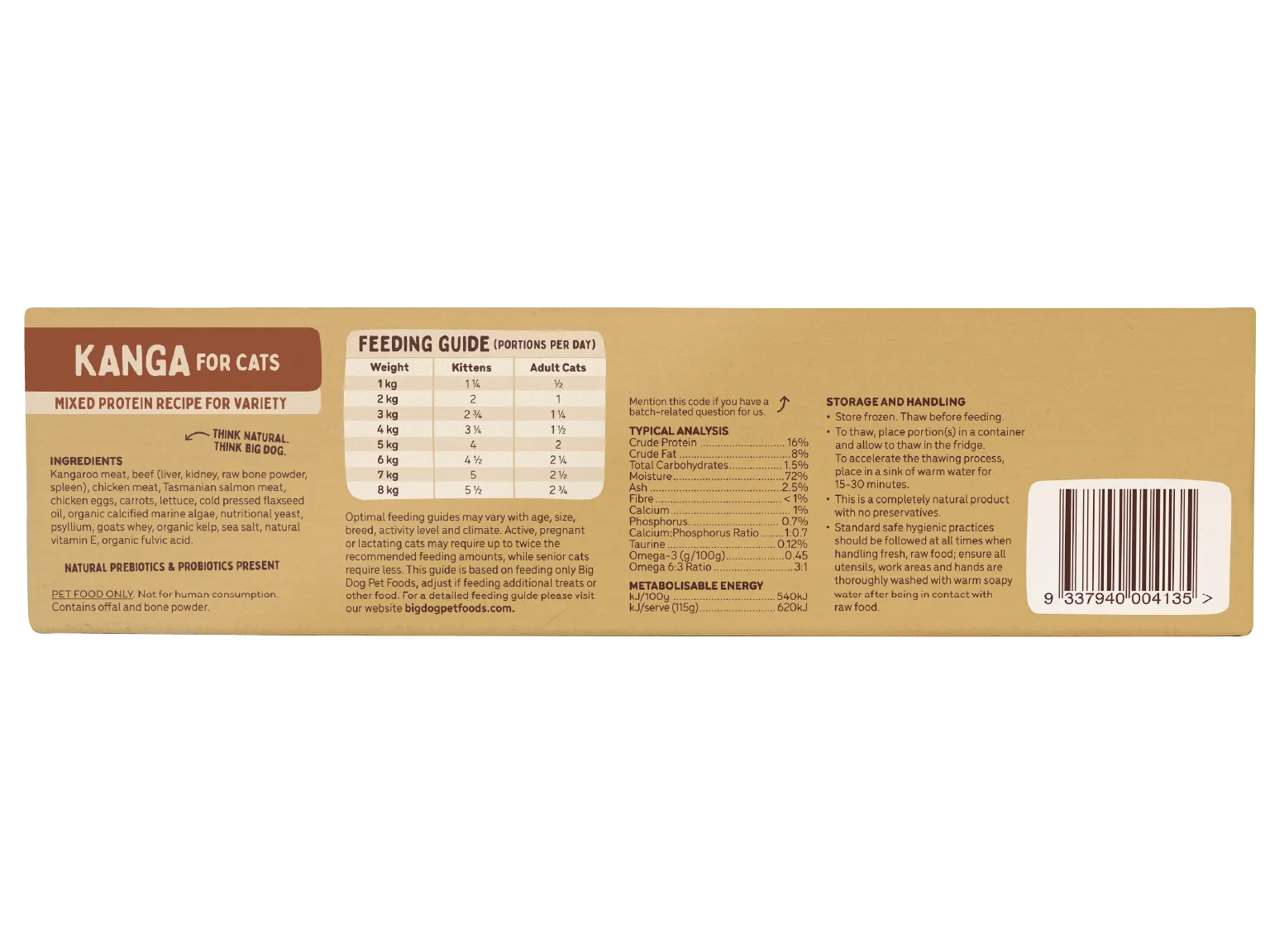 The back of a box of Kangaroo Raw Cat Food.