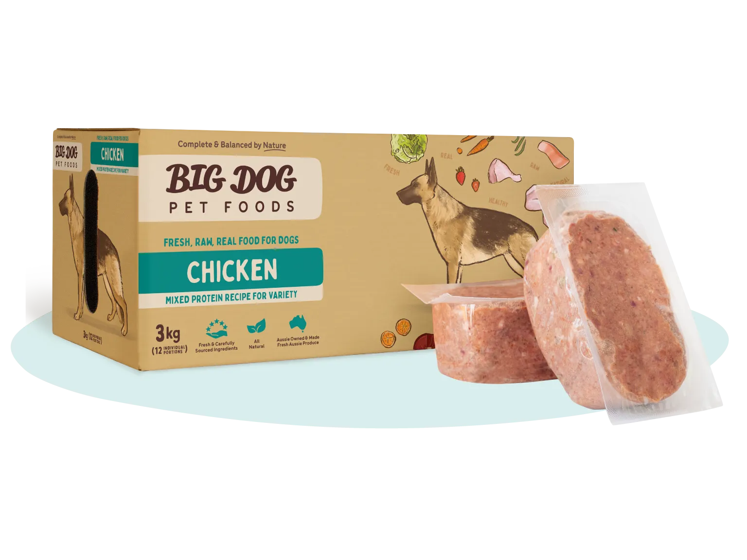 A box of Big Dog Pet Foods Chicken Raw Dog Food with two patties out of the box.