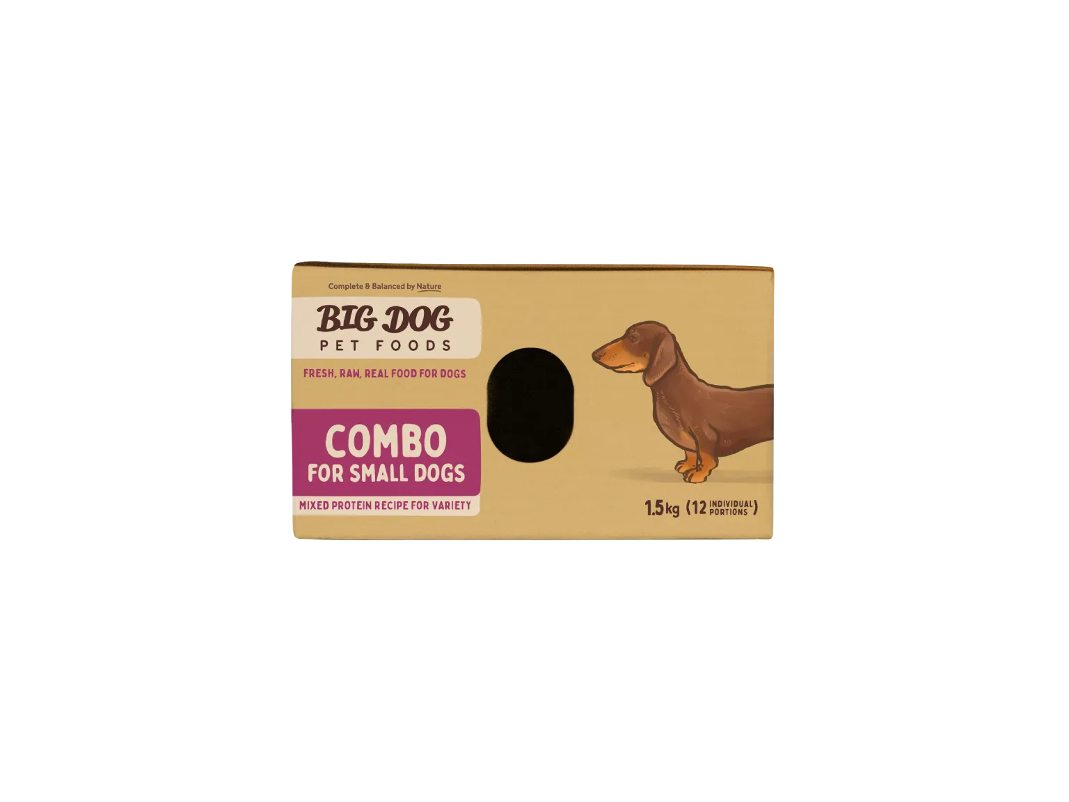 The side of a box of Combo Raw Dog Food for Small Dogs.