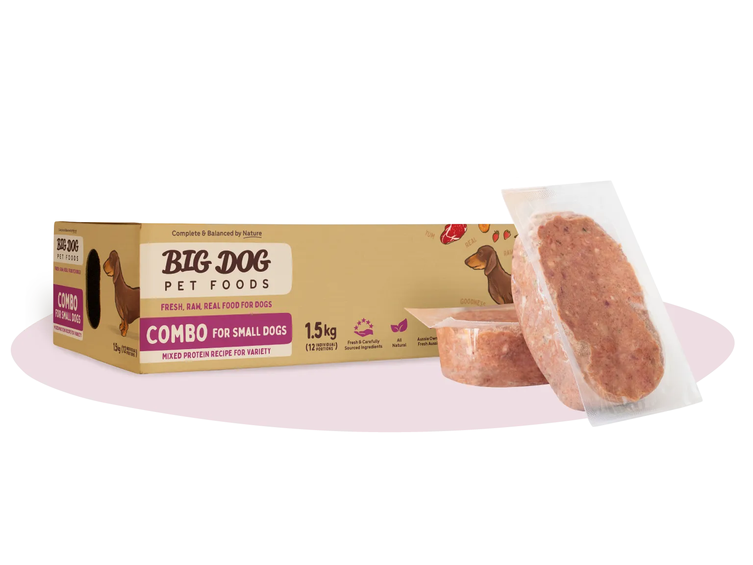 A box of Combo Raw Dog Food for Small Dogs with two patties out of the box.
