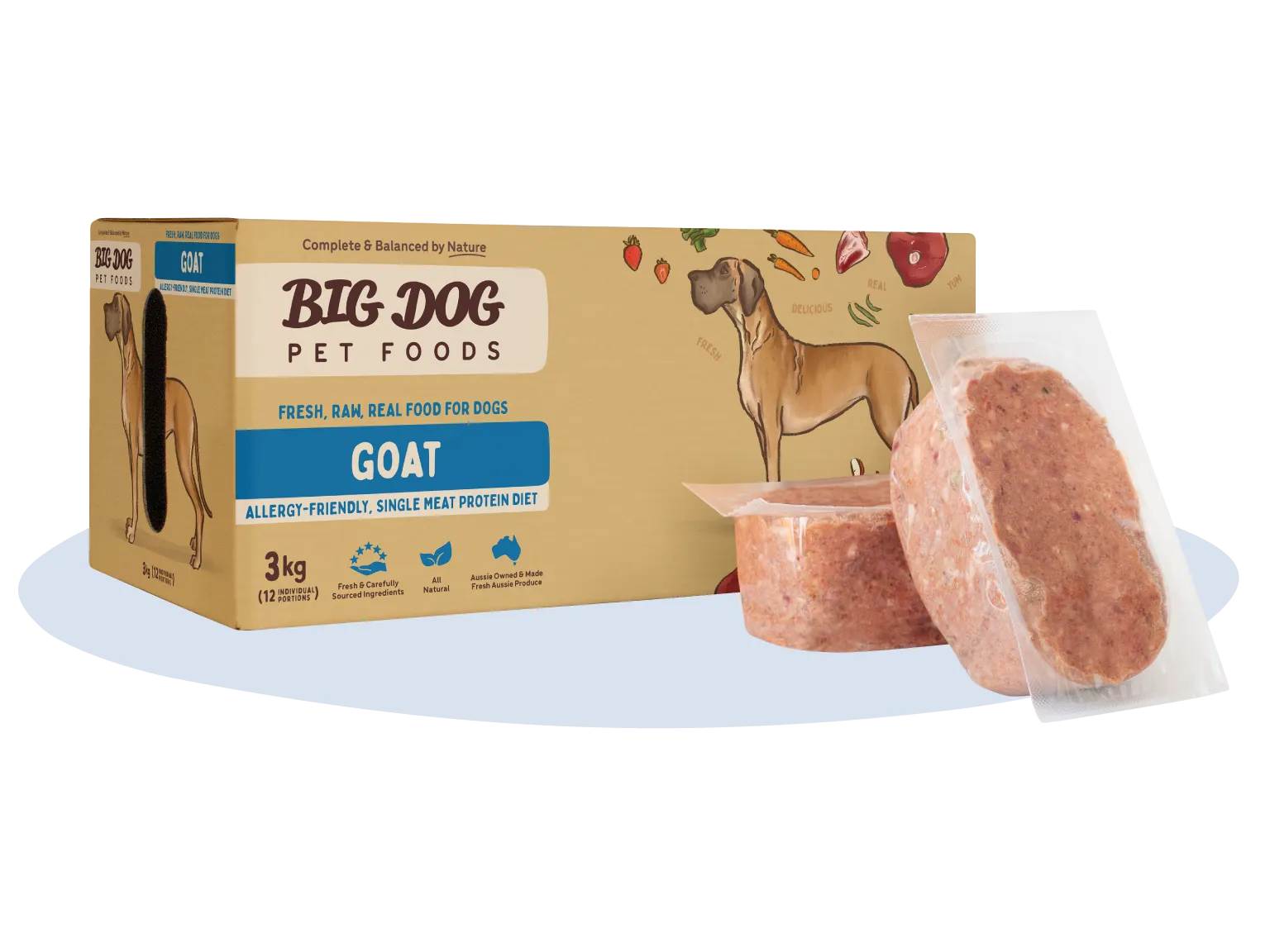 A box of Goat Low Allergy, Single Protein Raw Diet with two patties out of the box.