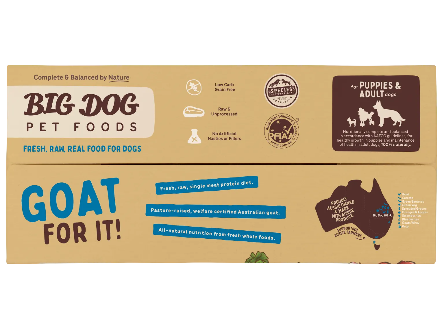 The top of a box of Goat Low Allergy, Single Protein Raw Diet.