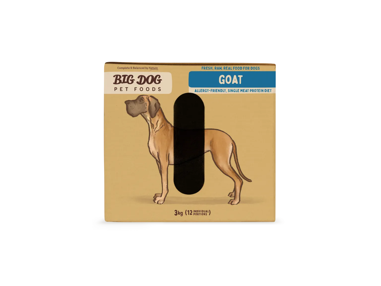 The side of a box of Goat Low Allergy, Single Protein Raw Diet.