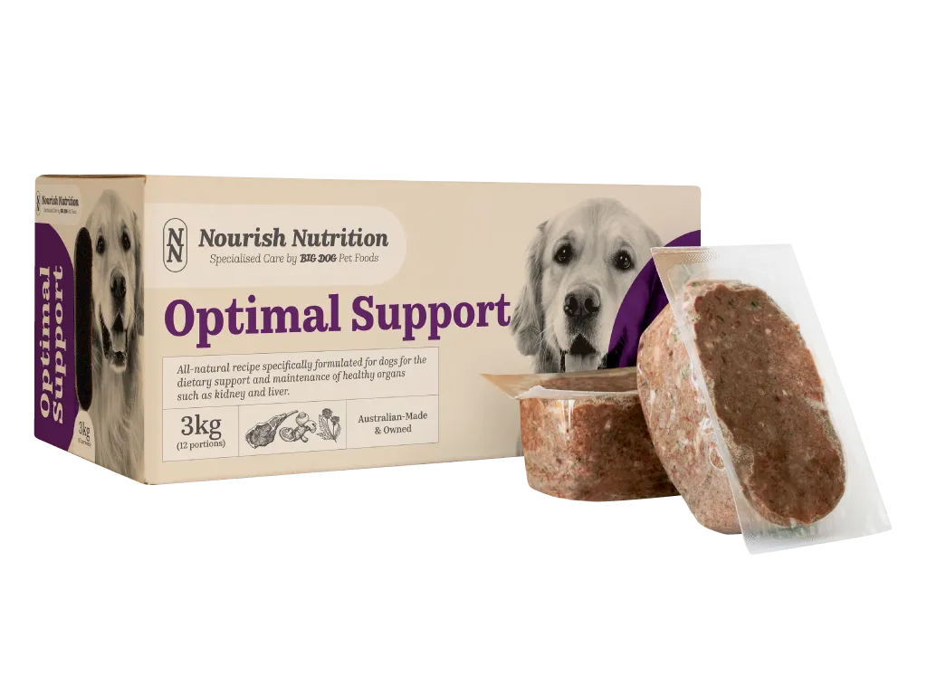 A box of Nourish Nutrition Optimal Support dog food with two patties out of the box.