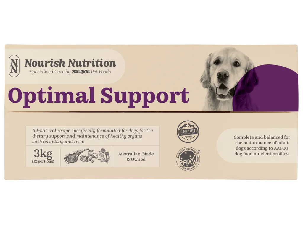 The top of a box of Nourish Nutrition Optimal Support dog food.