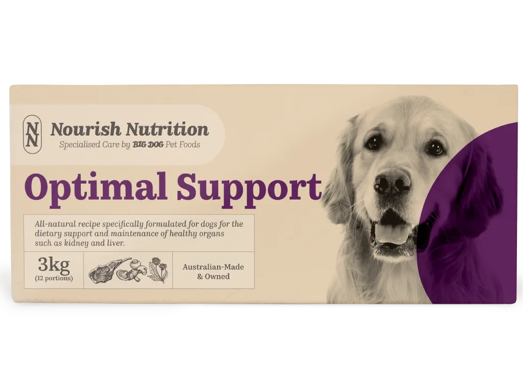 The front of a box of Nourish Nutrition Optimal Support dog food.