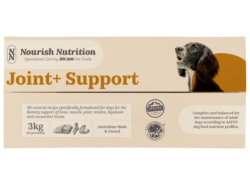 The top of a box of Nourish Nutrition Joint+ Support dog food.