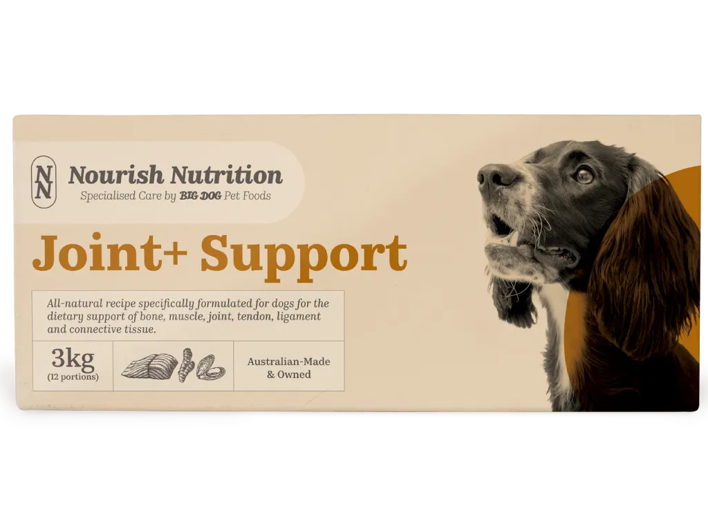 The front of a box of Nourish Nutrition Joint+ Support dog food.