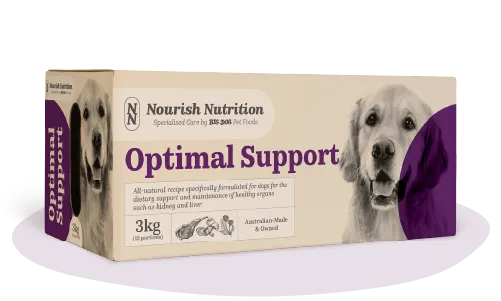 A box of Nourish Nutrition Optimal Support dog food.
