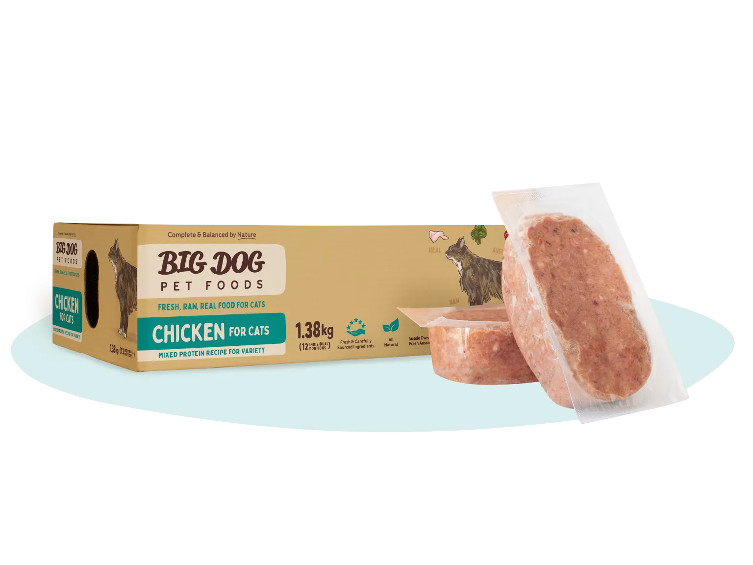 A box of Chicken Raw Cat Food with two patties out of the box.