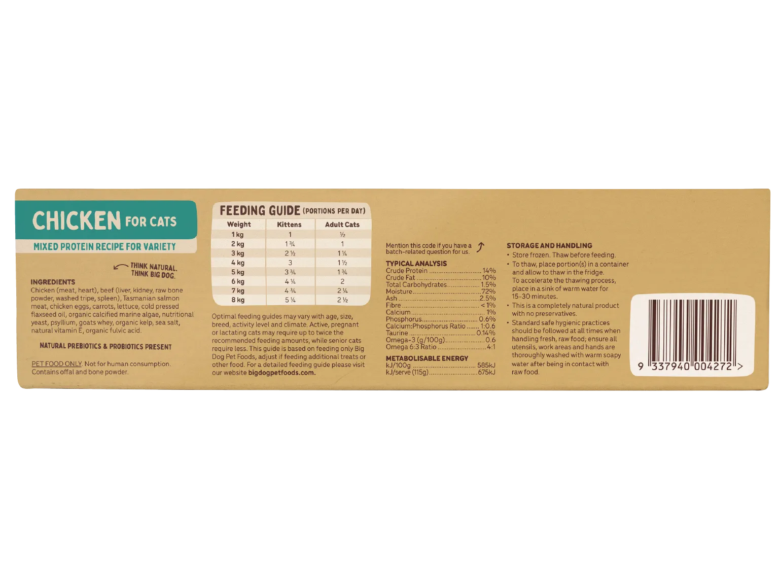 The side of a box of Chicken Raw Cat Food.