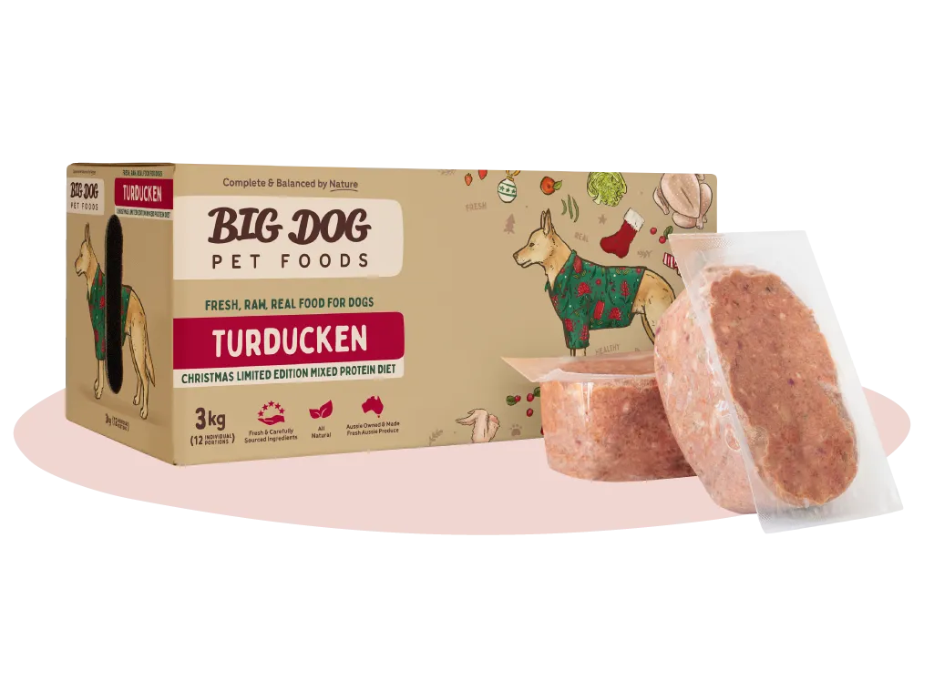 A box of Turducken Raw Dog Food with two patties out of the box.