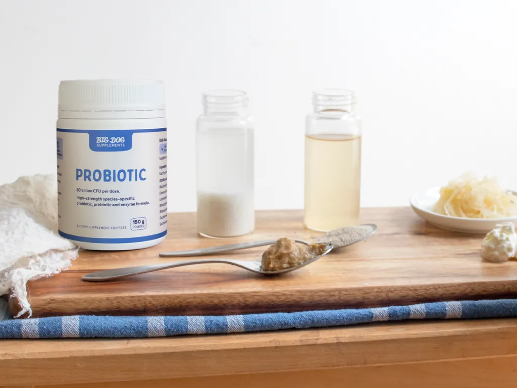 A jar of Natural Probiotics for pets next to some of the ingredients used within it.