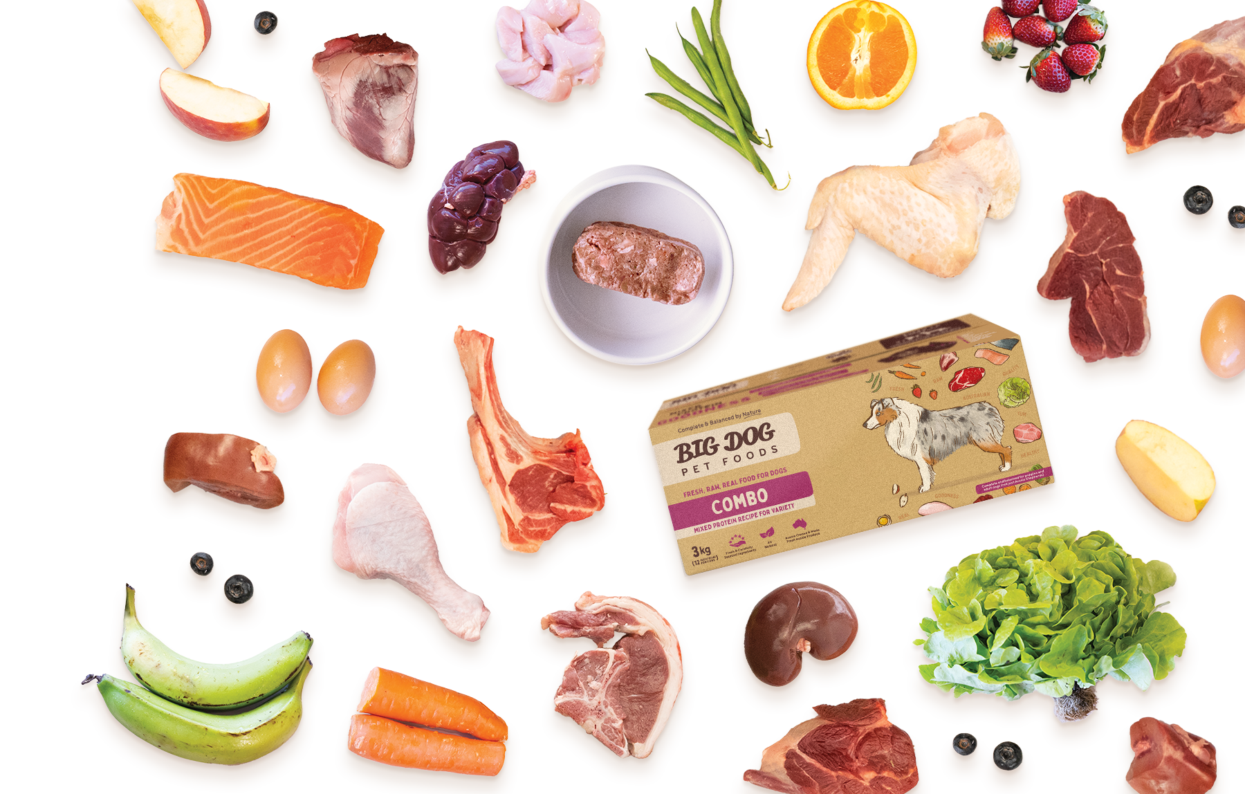 An overhead view of the healthy ingredients used in Big Dog Pet Food.