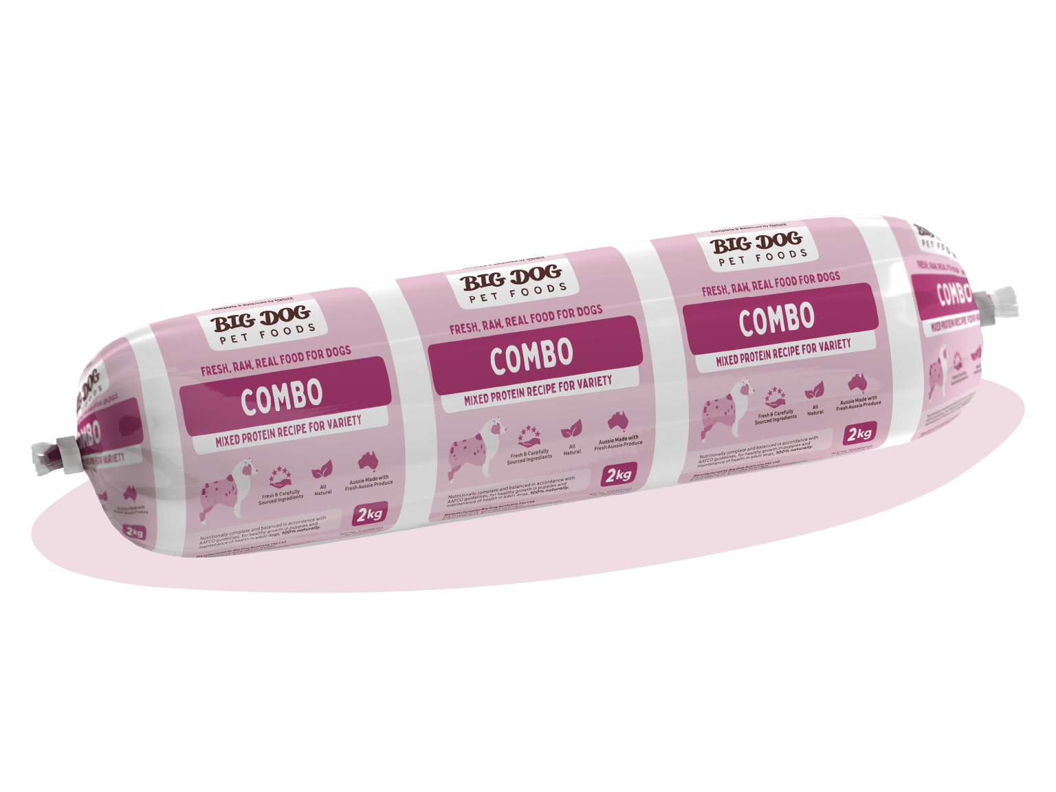 A packaged roll of Combo Raw Dog food by Big Dog Pet Foods.