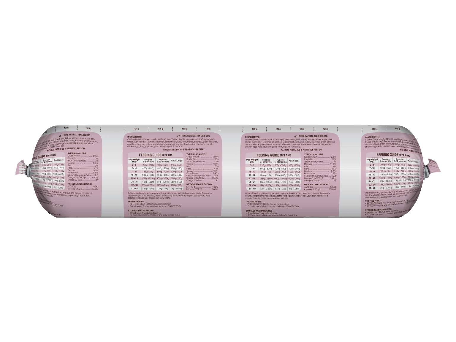 The back of a packaged roll of Big Dog Pet Foods Combo Raw Dog Food Bulk Roll.