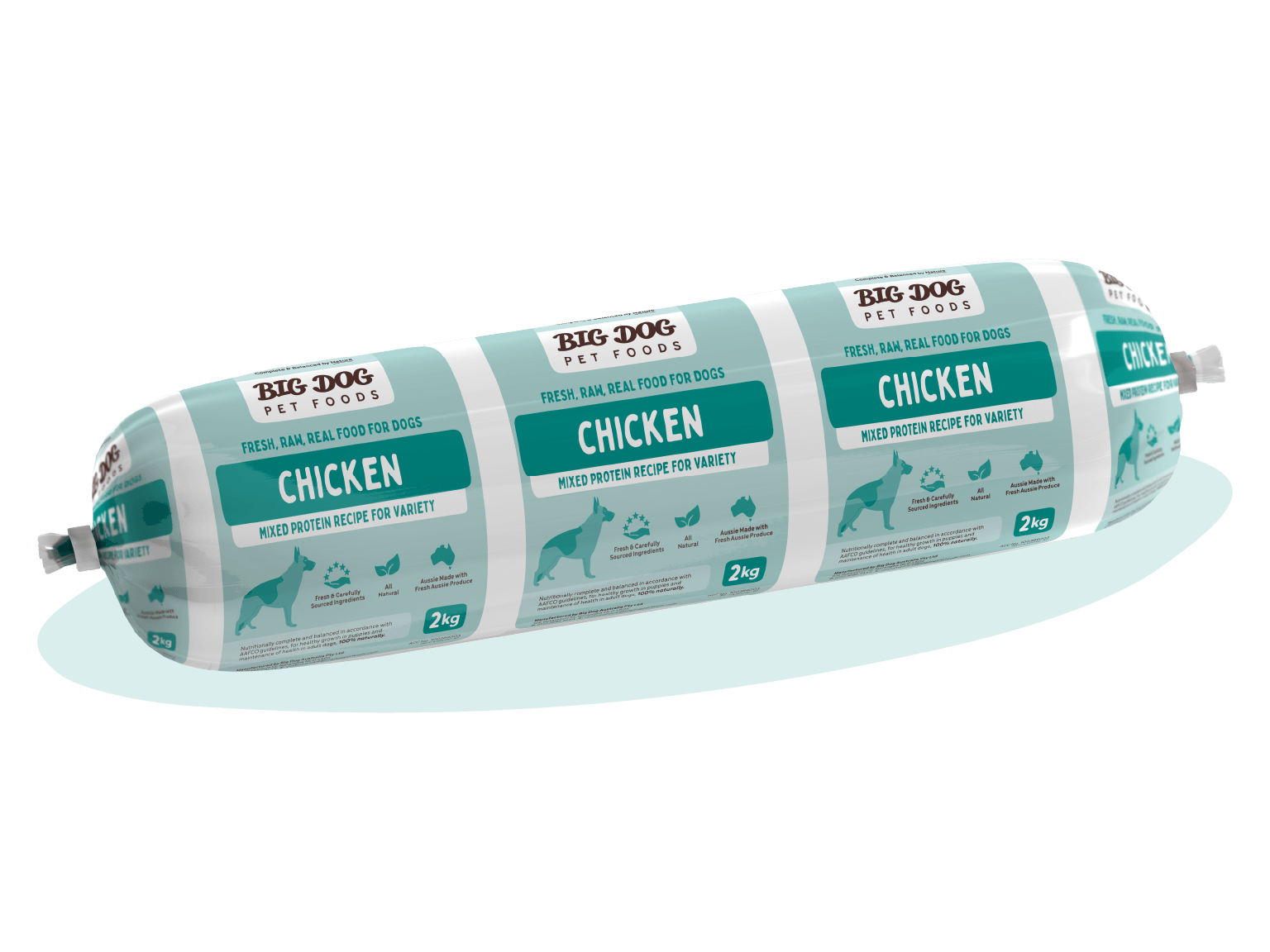 A packaged roll of Big Dog Pet Foods Chicken Raw Dog Food Bulk Roll.