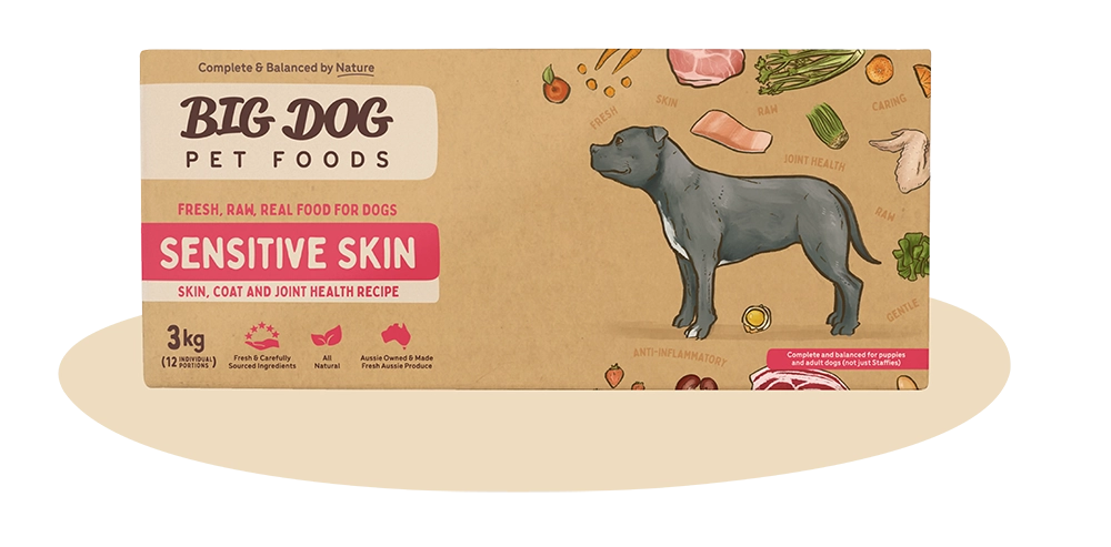 A box of Big Dog Pet Foods Sensitive Skin flavour recipe