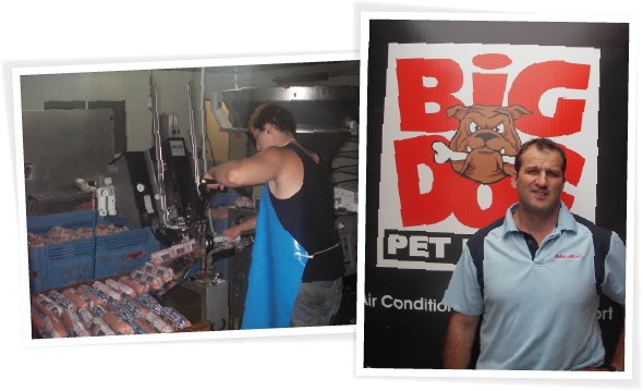 Big Dog Pet Foods in the early days (2000) featuring founder, Chris Essex, filling bulk rolls by hand